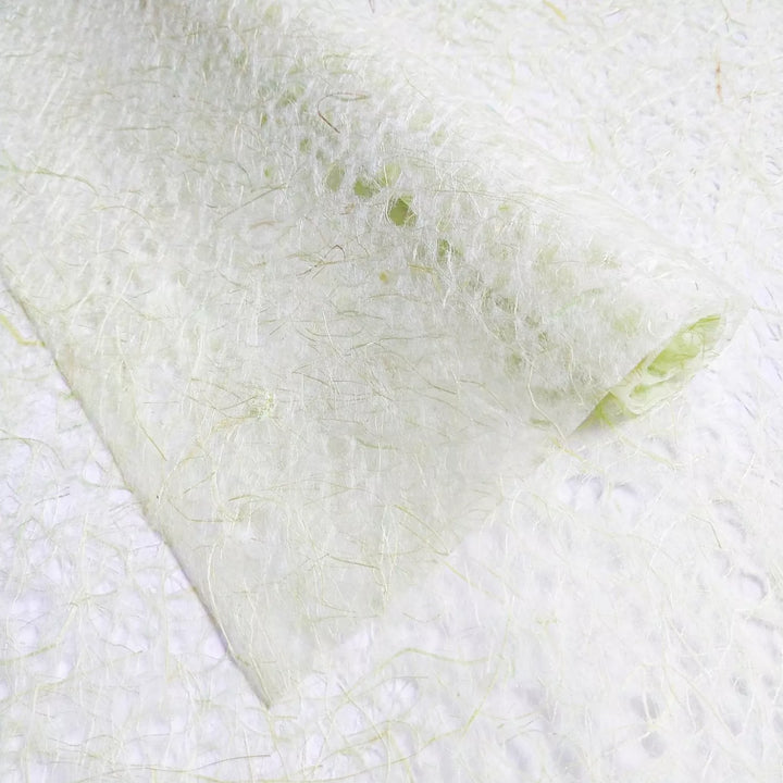 Detailed image of Kozo Studio mulberry paper with a lace-like design, highlighting the handmade paper's light green and beige fibrous texture.