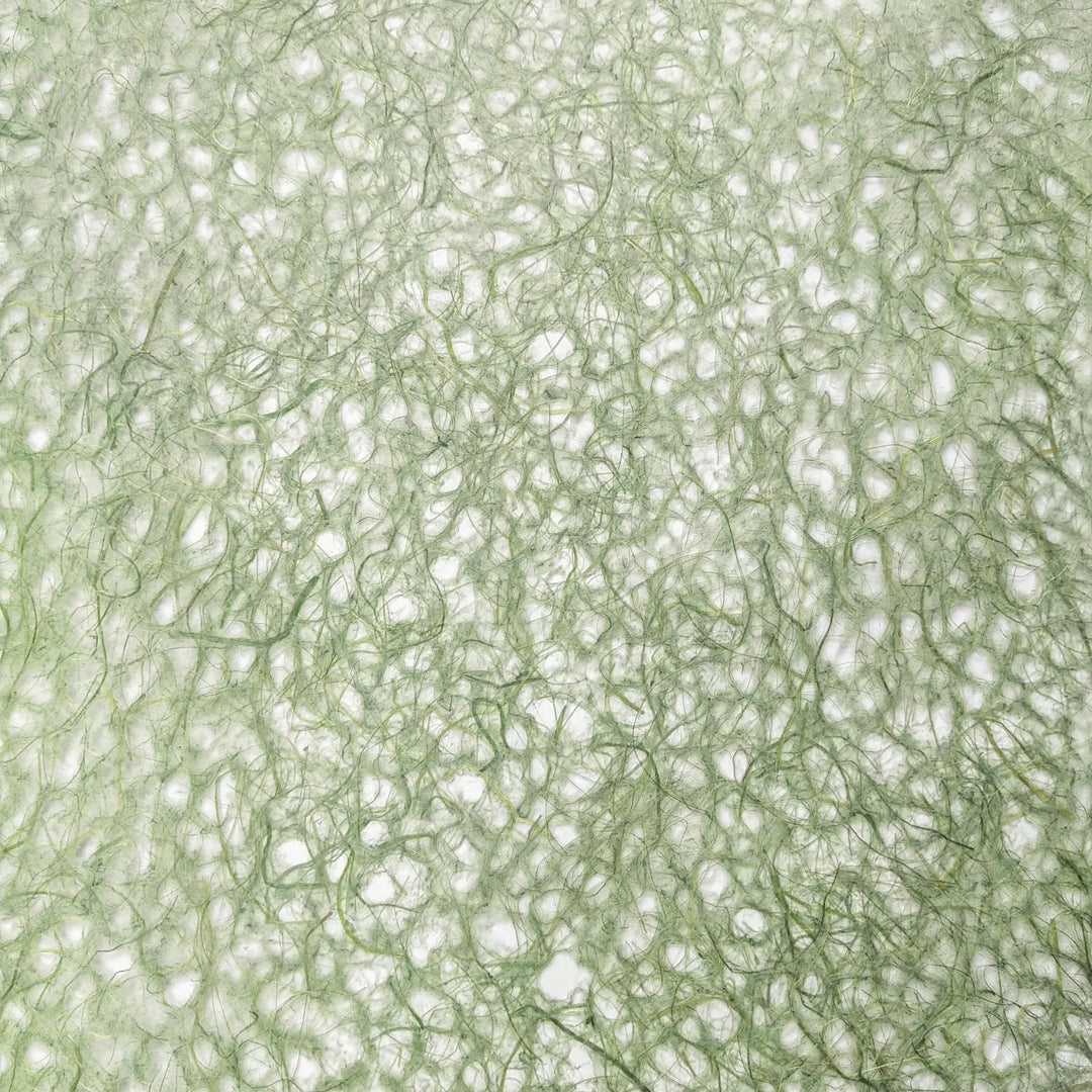 Detail shot of fibrous mulberry paper from Kozo Studio highlighting the handcrafted texture and organic green patterns of Asarakusui Lace Paper.