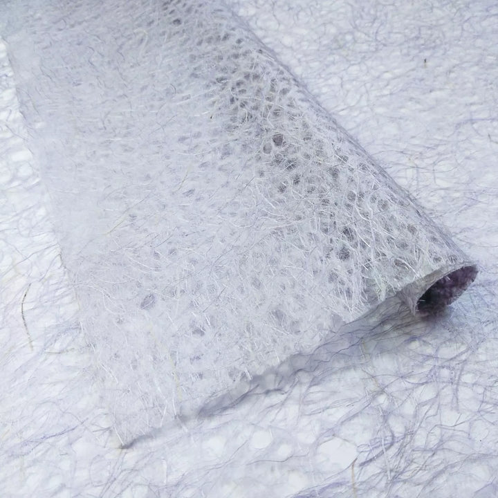 Purple Asarakusui Lace mulberry paper from Kozo Studio, with close-up detail of its tangled fiber structure and artisan handmade paper design.