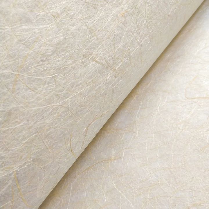 A close-up of Kozo Studios Kinwashi (Natural Abaca Paper) reveals a textured beige surface with visible fibers, slight roughness, light color variations, and subtle thread-like patterns due to its unique Kozo pulp blend.