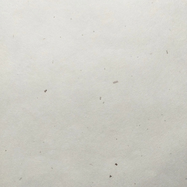 A close-up of the Chiri Kozo Paper White (45 gsm) by Kozo Studio, showcasing its plain, textured surface with small specks and visible fibers of mulberry paper.