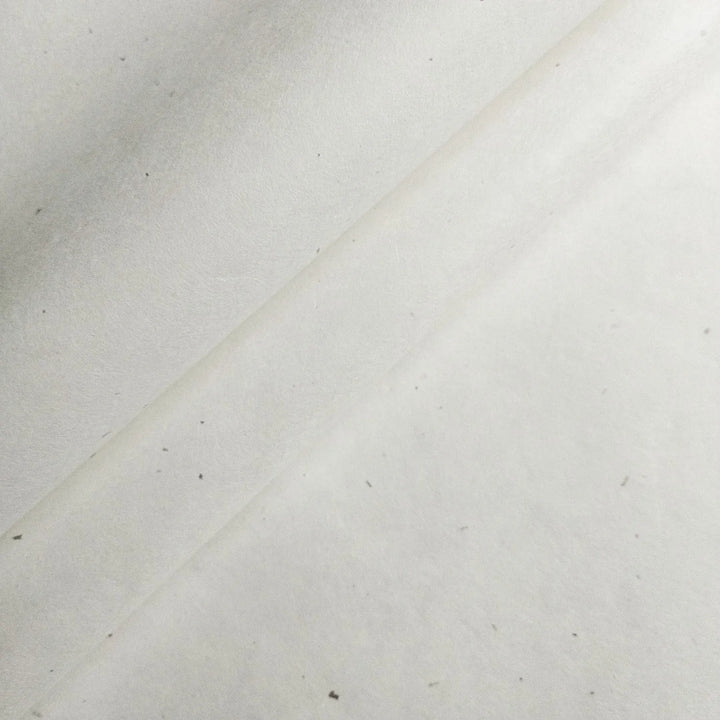 A close-up of Kozo Studios Chiri Kozo Paper White (45 gsm) reveals a textured mulberry surface with faint diagonal lines and tiny specks, highlighting its handmade or recycled quality.