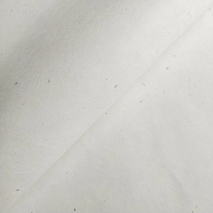 A close-up of Chiri Kozo Paper White by Kozo Studio reveals its off-white, fibrous mulberry texture with a diagonal crease and slight speckles, highlighting its natural, handcrafted quality.