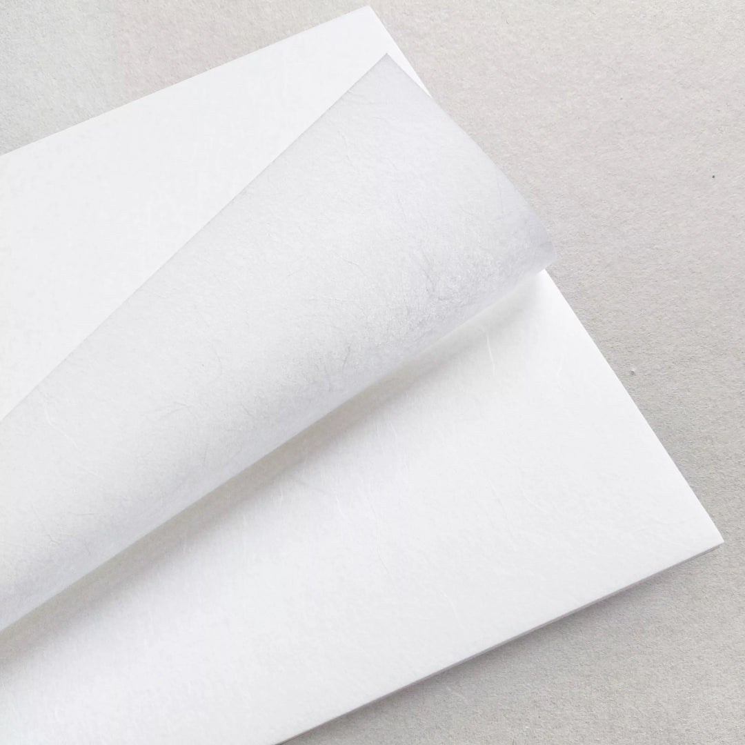 Close-up of two Kozo Studio A4 Decoupage Unryu Mulberry Paper sheets (30 gsm), with one partially folded over the other, displayed on a light gray surface. Set includes 40 textured white sheets.