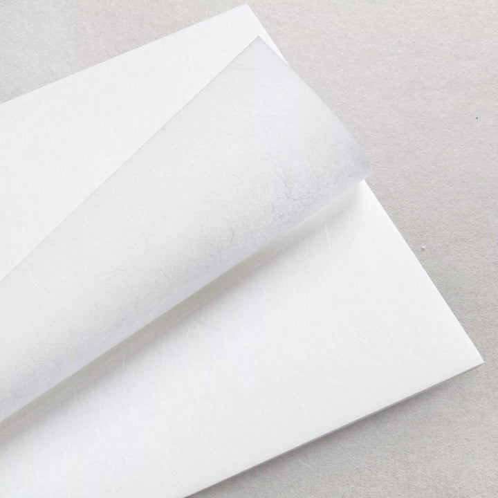 Close-up of two Kozo Studio A4 Decoupage Unryu Mulberry Paper sheets (30 gsm), with one partially folded over the other, displayed on a light gray surface. Set includes 40 textured white sheets.