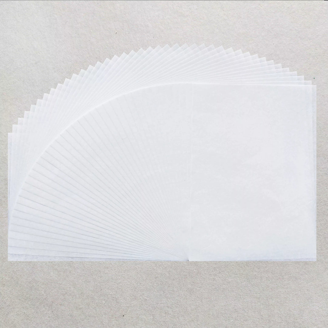 A stack of Kozo Studio’s A4 Decoupage Unryu Mulberry Paper (40 Sheets, 30 gsm) is fanned out in a semi-circle on a textured light gray surface.