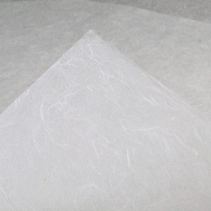 Close-up of Kozo Studios water-resistant Kozo paper (white), showcasing visible mulberry fibers that form a pattern of fine lines and subtle shade variations. It appears slightly translucent, capturing a minimalistic and delicate appearance.