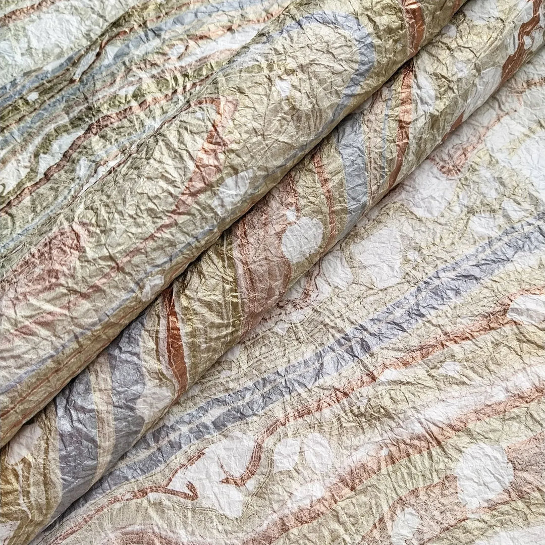 Close-up of Milano Kozo Paper – Design 10 in white, showcasing its marbled pattern and crinkled texture, made from mulberry paper at Kozo Studio as a premium handmade paper.