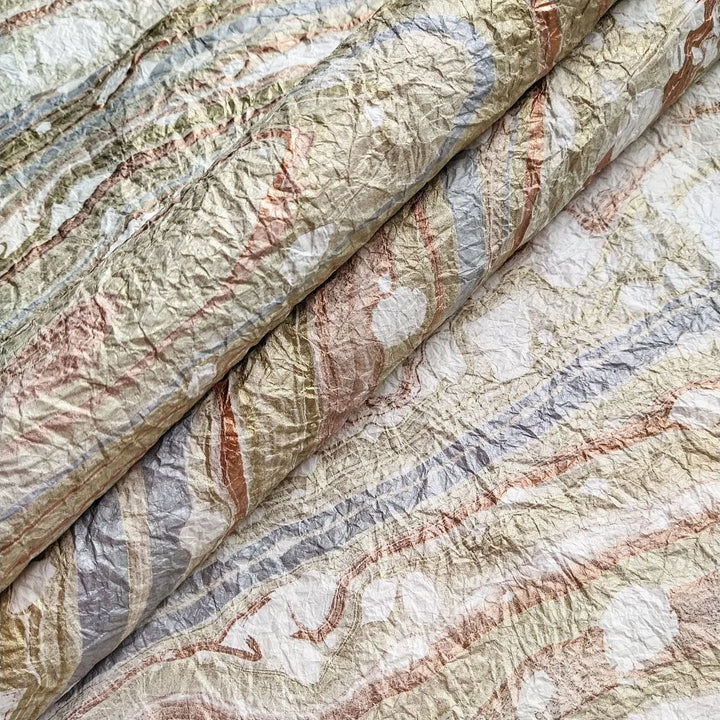 Close-up of Milano Kozo Paper – Design 10 in white, showcasing its marbled pattern and crinkled texture, made from mulberry paper at Kozo Studio as a premium handmade paper.
