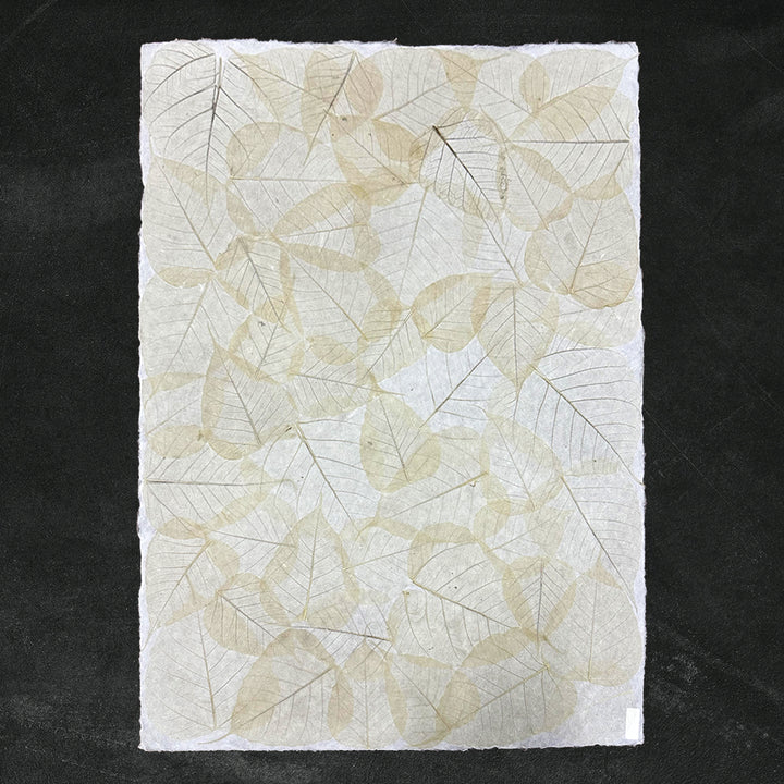 The Handmade Buddha Leaf Kozo Paper (Natural) by Kozo Studio features overlapping, translucent bodhi leaves with visible veins on a dark background, showcasing the unique texture of handcrafted paper.