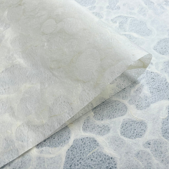 A close-up of Tidal Lace Kozo Paper (Unryu) by Kozo Studio—semi-transparent, textured sheets with organic, cell-like patterns—layered atop a matching surface and crafted from eco-conscious mulberry tree fibers.