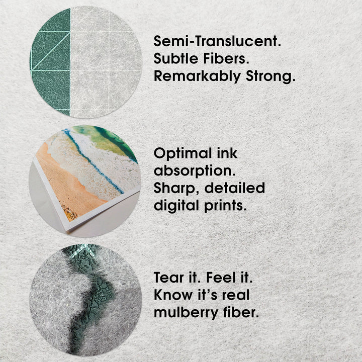 This mulberry paper is specifically made for both digital (inkjet and laser) and traditional printing methods. 